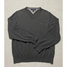 Tommy Hilfiger Mens Gray V-Neck Sweater 100 Cotton Size M Charcoal Long Sleeve