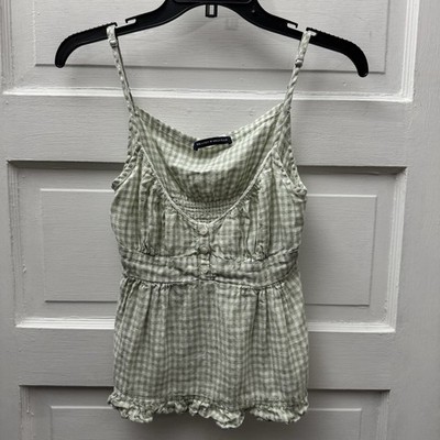 Brandy Melville Linen Gingham Tank Top Green Babydoll Smocked Cottagecore S  | eBay