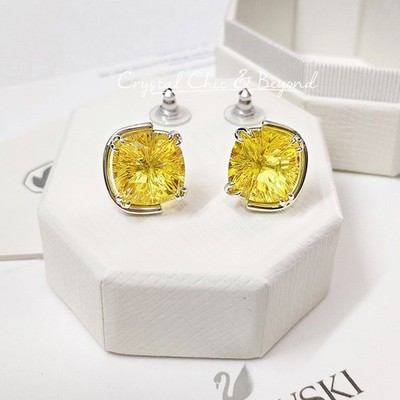Swarovski Harmonia Stud Earrings, Cushion Cut, Yellow, Rhodium plated 5616511
