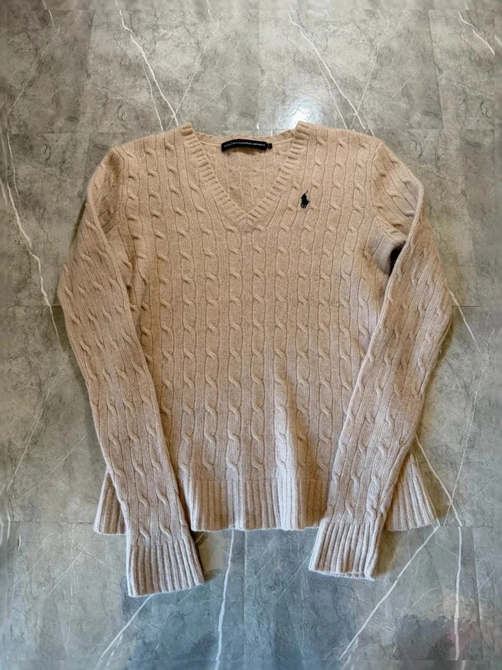 Pull Torsadé Ralph Lauren Rétréci, Col V, Cable Knit, beige, Laine #TRL2 - Photo 2/4