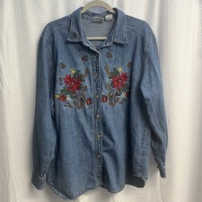 Vtg Bobbie Brooks Embroidered Poinsettias  Holly Blue Denim Shirt Christmas XL