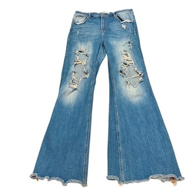 Risen Jeans Distressed Blue Flare Raw Hem Distressed Women s Size 2XL