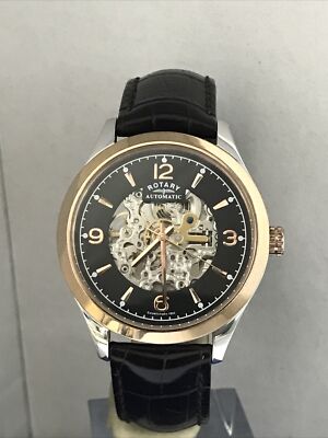 Rotary Herren Automatik Skelett Bicolor Braun Lederband Uhr GS03715/04
