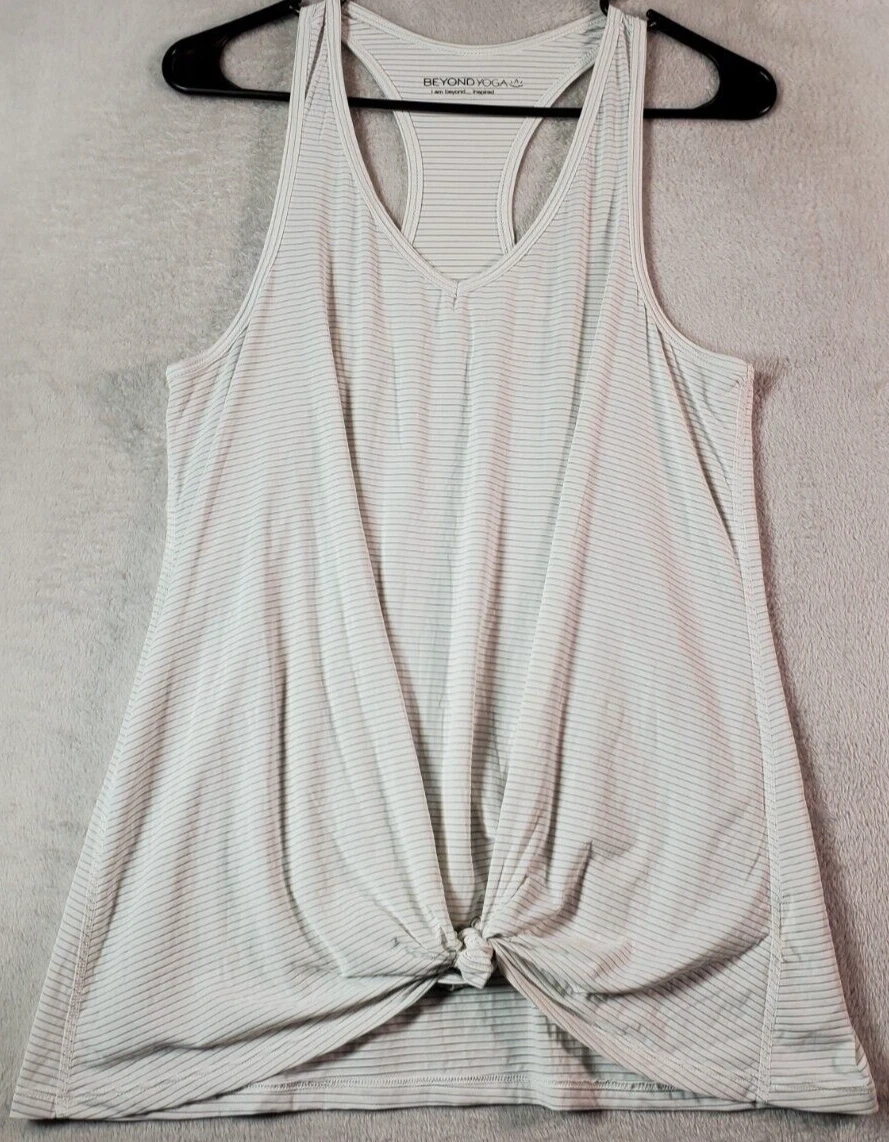 beyond-yoga striped nylon sleeveless v neck knot hem tank-top