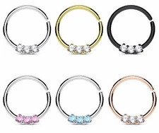 1pc Three CZ Gems Ion Plated Septum Cartilage Hoop Ring Rook Daith Helix Tragus