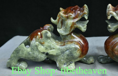 8.2" Old Chinese Xiu Jade Carving Feng Shui Pixiu Beast Lucky Sculpture Pair - Picture 2 of 9