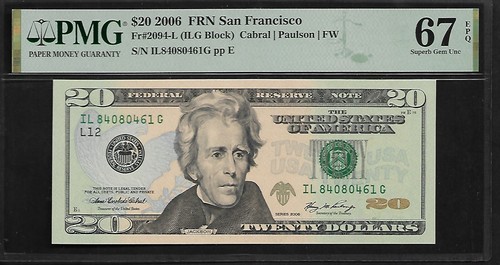 US 20 Dollars 2006 PMG 67 EPQ UNC Fr #2094-L FRN San Francisco - Imagen 1 de 4