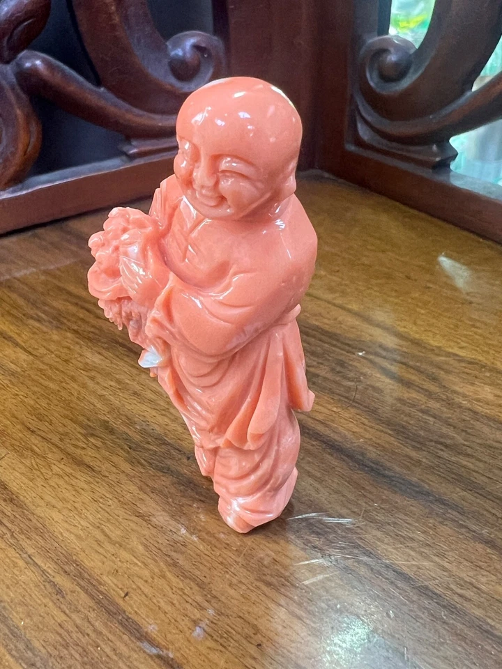 Antique China Chinese Carved Natural Red Coral Monk Statue Figure Figurine 35gr. - Image 4 of 4