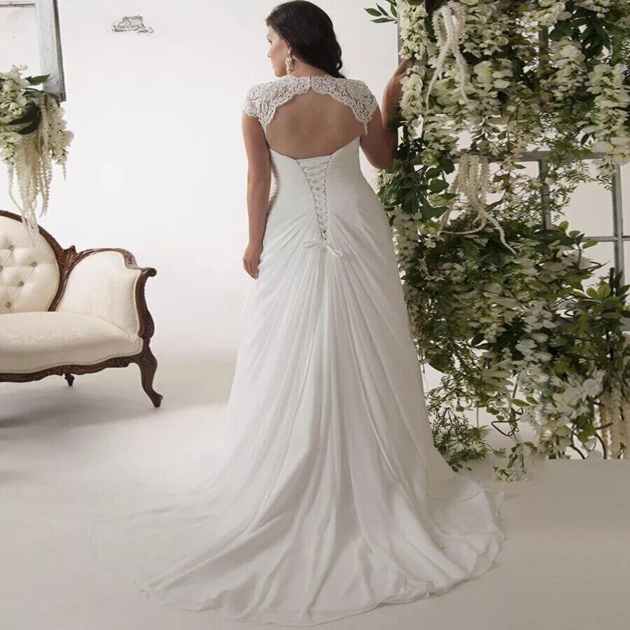 Plus Size Wedding Dresses Cap Sleeve V-neck Applique Chiffon Beach Bridal  Gowns | eBay UK