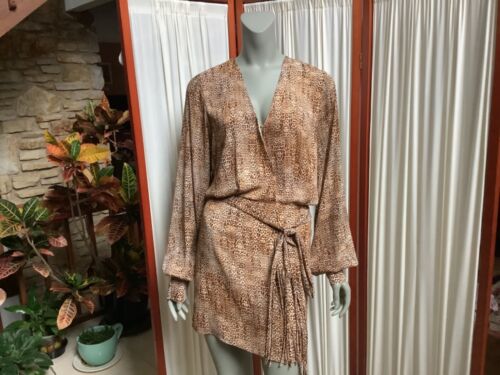 NWT Alexis Dula Animal Print Lined Blouson Mini Dress Fringe Belt Brown Size M