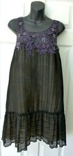 Free People Midnight Blue Black Crochet Lace Trim Ruffled Hem BOHO Dress M