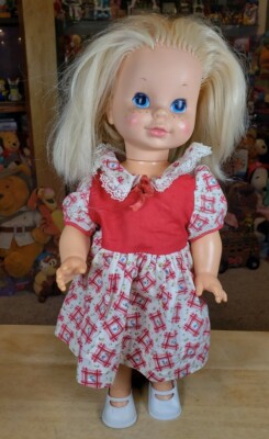 chatty cathy red dress Rare Mattel Chatty Cathy Doll 1960s Soft Face Pigtail Wearing Red and White Peppermint Stick Dress