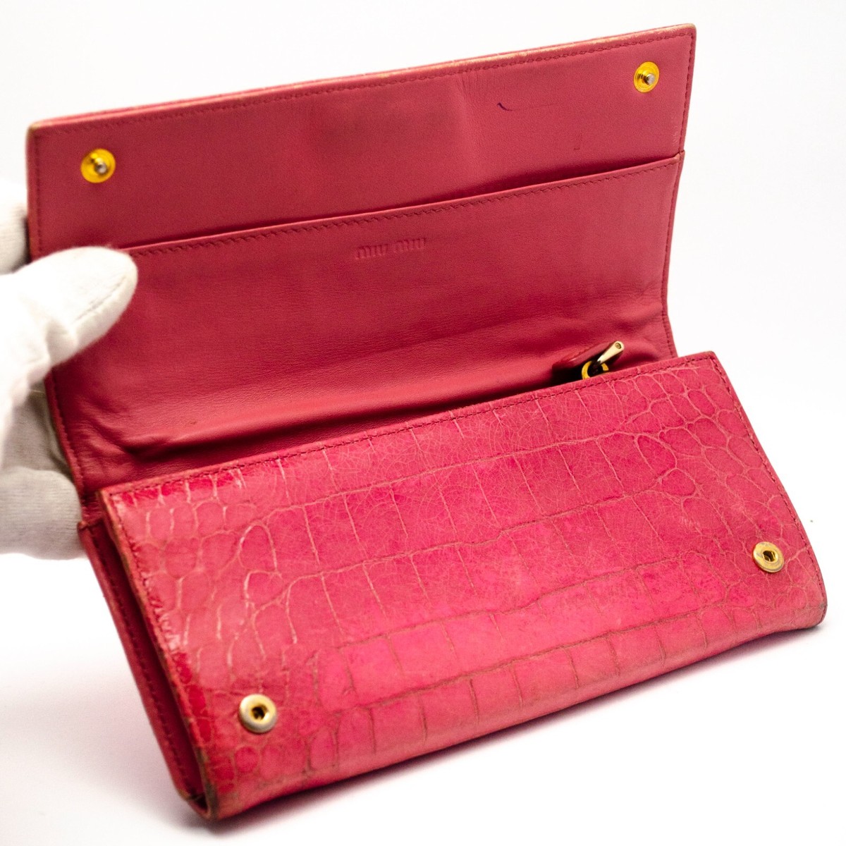 MIU MIU Crocodile Embossed Pink Leather Long Wallet Women's