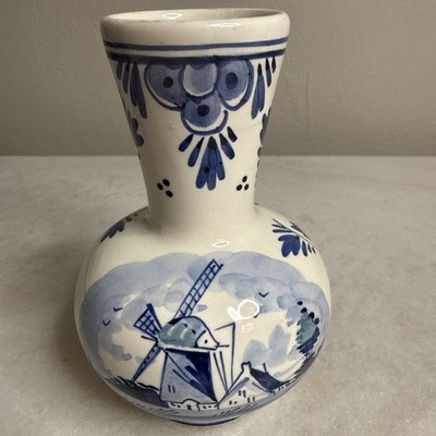 Delftware Blue White Pottery Vase With Painted Windmill 5  Small Vase Decor Read