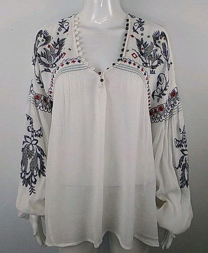 Free People Rock It Tonight Top M Off-white Black Red Embroidery Metal Accents - Picture 1 of 16