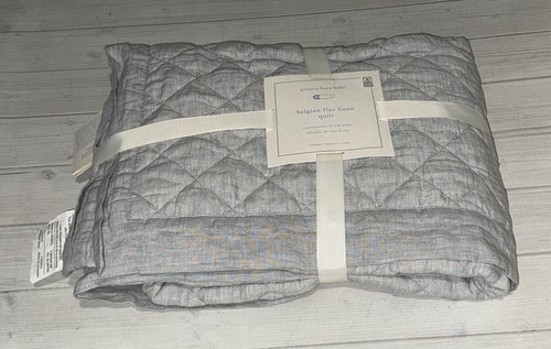 Pottery Barn Kids Belgian Flax Linen Quilt Baby Toddler Gray (Monogram Removed)