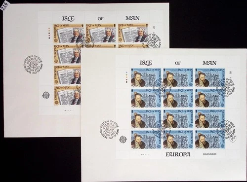 # ISLE OF MAN 1982 - 2 FDC - CEPT - SHIPS, FAMOUS PEOPLE