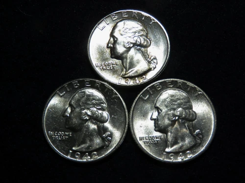 New Listing1942PDS  Brilliant Uncirculated 90% Silver Three Coin Washington Quarter Set DF3