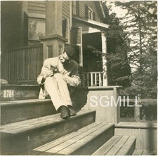 B3 Antique Photo Cat Snuggled on Lap of Man on 8784 Wood Steps 3.25 x 3.25