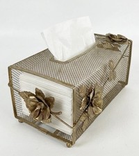 Vtg MCM Hollywood Regency Gold Metal Mesh Tissue Box Cover Holder Floral Roses
