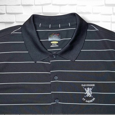St Andrews Old Course Greg Norman PlayDry Polo Shirt Mens XL Black Striped EUC