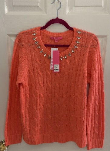 NWT Lilly Pulitzer Dario Cable Knit Sweater Yummy Melon Rhinestones Large