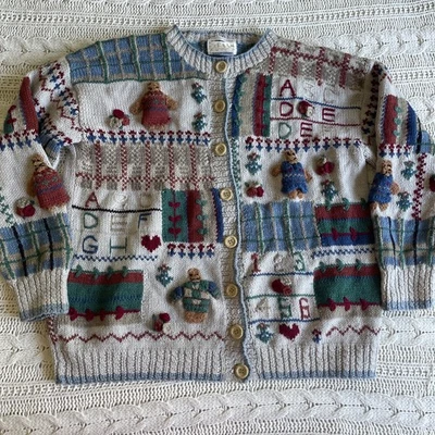 Vintage MEDIUM Handknitted 100% Wool Kitsch Cardigan Patchwork cottage core - Image 1 of 4