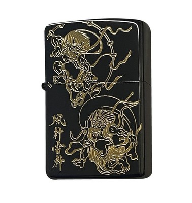 Japanese Fujin Raijin Zippo Lighter Wind God Thunder God Antique Black Gift Box