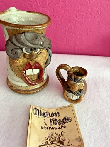 2 New vintage Mahon Made Stoneware 3D Pottery Ugly Face women men mustache mugs