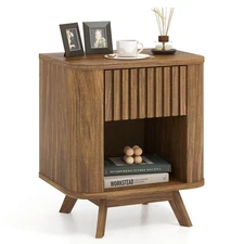 Wood Nightstand w/ Drawer & Open Shelf Storage Home Bedside Table for Bedroom