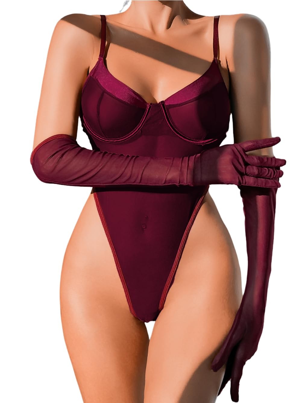 Sheer Mesh Push Up Lingerie Bodysuit Thong for Women-image