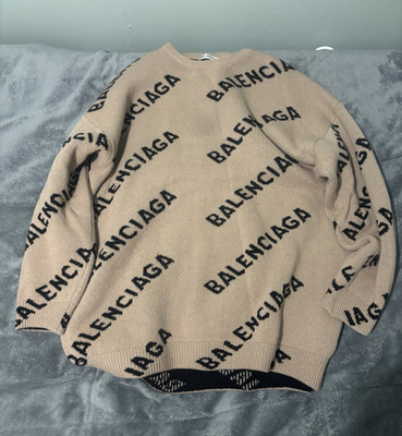 Balenciaga Men's Beige/Black All-Over Logo Knit Crewneck Pullover Sweater L