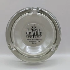 Vintage deVille Motor Hotel Oklahoma City OK 4.5" Gray Glass Round Ashtray
