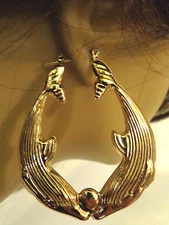 OLD SCHOOL DOLPHIN KISSING HOOP EARRINGS GOLD TONE 2 IN W AND 2.5 IN L