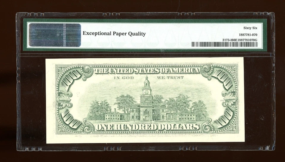 DBR 1990 $100 FRN Gem Minneapolis Fr. 2173-I PMG 66 EPQ Serial I43913210A - Image 2 of 2