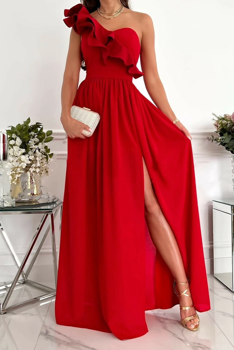 Women s Summer Side Split Party Ball Gown Sexy One Shoulder Ruffles Maxi Dress