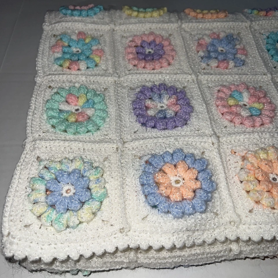 Floral Granny Square Baby Toddler Afghan Blanket Raised Flowers 36x54 - Image 2 of 4
