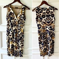 Muse V-neck Faux Wrap, Front Twist Dress, Gold, purple, blue, brown, size 4