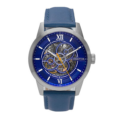 HERITOR Automatisch Jonas Rindsleder-Band Skelett Uhr - Silber/Blau