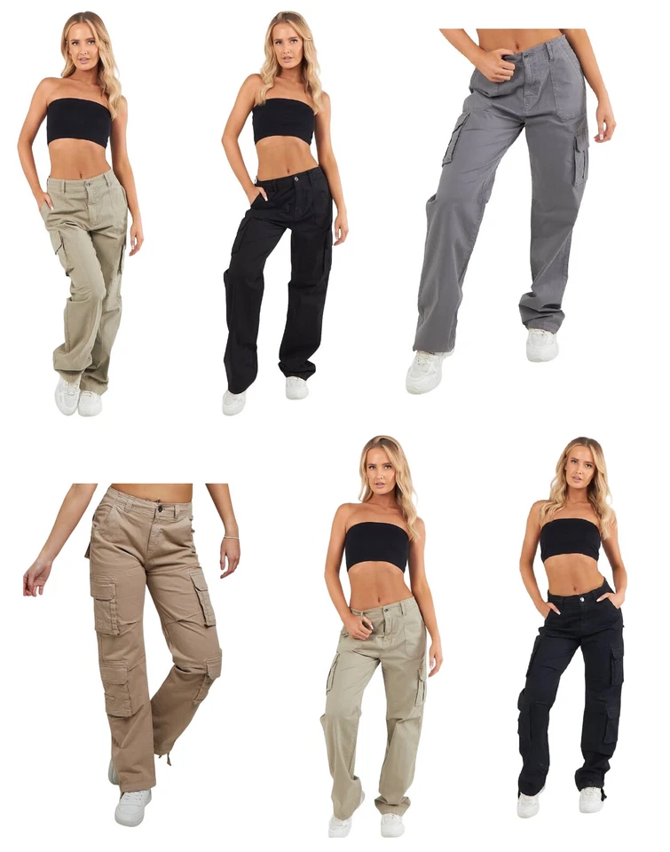 RAIS Pantalons Cargo Taille Basse Extensibles en Coton Femme, Stone/Noir/Gris - Photo 1/1