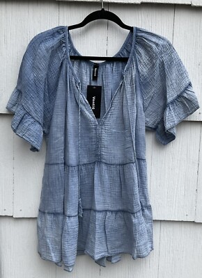 COTTON GAUZE TIERED SHORT SLEEVE BABYDOLL TOP Venti6 Small Made in Italy