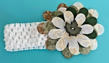 Little Girl's Headband in Fall Theme with Green  Brown Flowers with Leaf Button