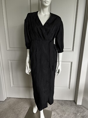 TopShop Womens Black Textured Balloon Sleeve Midi Wrap VNeck Dress Sz 4 NWT 
