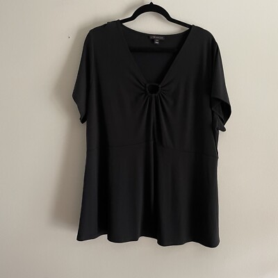 Lane Bryant Sz 22/24 Black Matte Jersey O-ring Detail Classic V-Neck Peplum Top