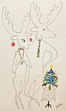 FESTIVE REINDEER Rosalind Welcher signed original art c1960s-70s Panda Prints