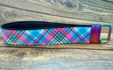 Key Fob Chain Holder Wrist Lanyard Pink Teal Plaid Yellow Rainbow Stripes