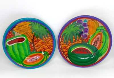 2 Mexican Folk Art Tropical Fruit Wall Plate 6'' Watermelon Pinapple Talavera
