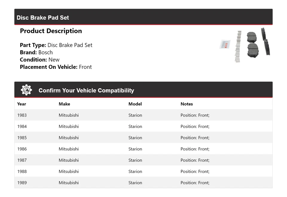 Pastillas de freno delanteras semimetálicas QuietCast para Mitsubishi Starion Bosch 1983-1989 Foto 2 de 4