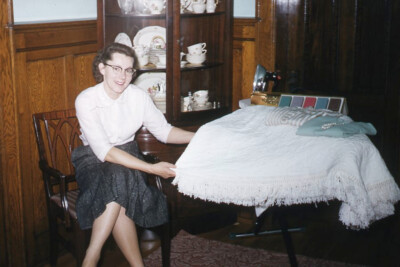 1950s Red Border Kodachrome Slide Woman Showing Off New White Bedspread