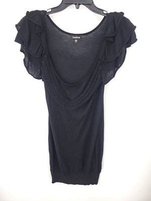Bebe Dress Womens Large Black Ruffled Bell Sleeve Stretch Plunge Neckline Y2K